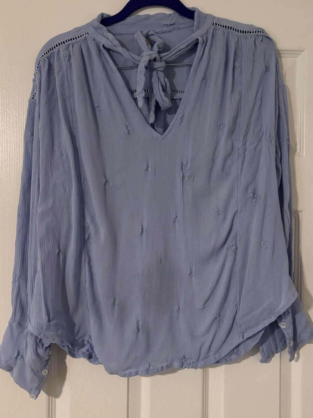 Free People Wishful Moments Tie Neck Blouse Blue Embroidered Long Sleeve Top M - Picture 2 of 4